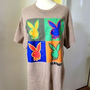 New Playboy Bunny Unisex Color Block T-shirt. Mineral Wash size Large